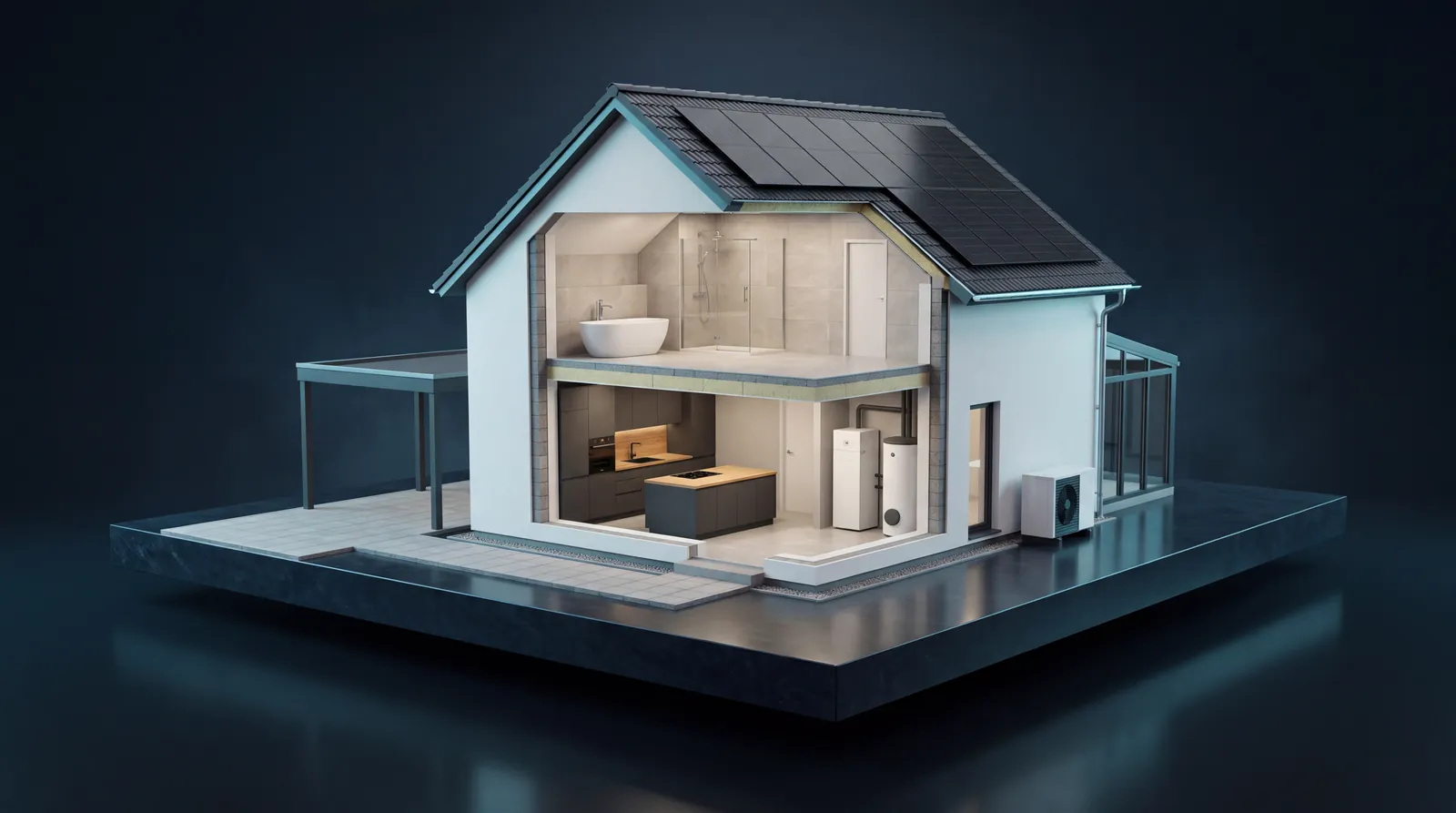 3D-Schnittmodell eines Hauses mit Photovoltaik, Wärmepumpe, Bad, Küche, Heizung, Dämmung, Wintergarten und Carport