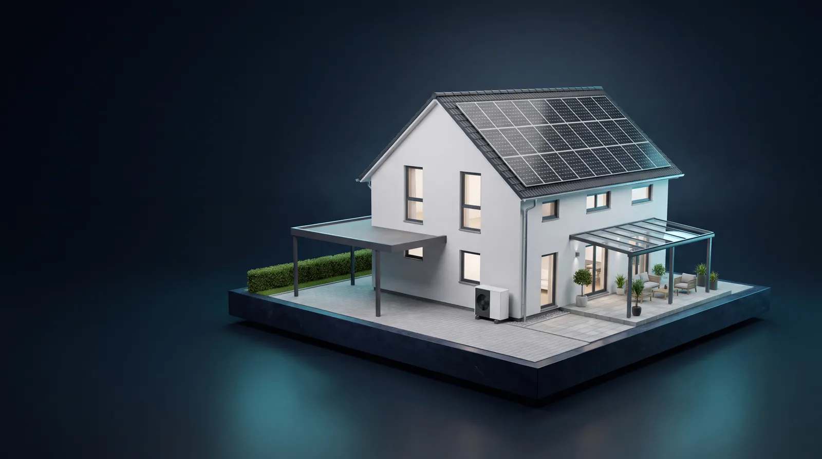 3D-Modell eines Einfamilienhauses mit Photovoltaik, Wärmepumpe, Carport, Terrassendach und neuer Pflasterung